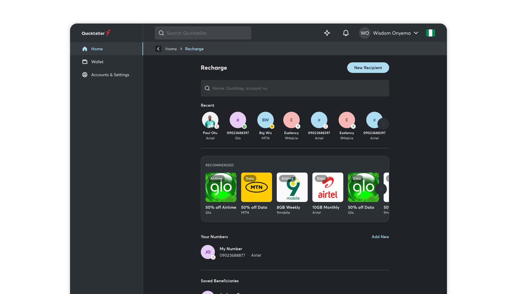 A gif showing different page design for the Quickteller web app in dark mode